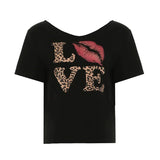 GETADME Harajuku Leopard Letter Print T Shirt Loose White Short Sleeve V Neck T-shirts Women Summer Streetwear Tees y2k Aesthetic