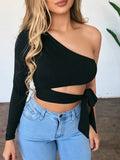 Women lady bandage slim tee tops long sleeve one-shoulder bow-tie elastic solid T Shirt cold shoulder sexy crop top Club Street