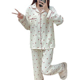 GETADME 한국 스타일 시크 여성 잠옷 세트 매우 부드러운 복숭아색 옷깃 긴팔 봄 가을 가정용 느슨한 잠옷 세트