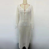 GETADME Sexy Women White Long Knit Sleeve Bikin Fashion Cover Up Female See-Through Deep V-Neck Hollow-Out Beach Knitwear Backless Dress