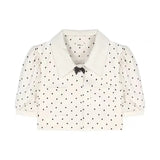 GETADME 프랑스 패션 여성 허리 랩 스타일 웨이브 도트 숏 코트 가을 레트로 클래식 리본 탑 숏 스커트 달콤한 여성 3피스 세트