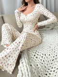 GETADME 4 Size Choose S M L XL  Apricot Ditsy Floral Women Homewear Set Soft Pajama Set Long Sleeve Top and Pants Loungewear Sleepwear T