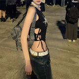GETADME Summer Spider Web Print Tank Tops Aesthetic Hollow Out Bandage Punk Vest Irregular Women Causal Basic Y2k Streetwear Crop Top