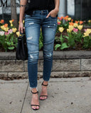 GETADME Fashion Mid Waist Skinny Jeans Women Vintage Distressed Denim Pants Autumn Crimped Destroyed Pencil  Casual Ripped