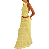 Getadme Women Boho Sexy Backless Matching Suit 2 Piece Beach Holiday Outfits Vintage Ruched Halter Cami Tops + Maxi Long Skirt Party