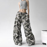 GETADME 아메리칸 레트로 카모플라주 와이드 레그 팬츠 여성 루즈 캐주얼 작업복 여름 신상 스타일 시크 캐주얼 루즈 팬츠 