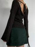 Getadme-Y2K Tie Back Sweaters Women Long Sleeve Boat Neck Solid Color Knitted Pullover Casual Crochet Tops Fall New