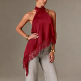 GETADME Women Y2k Mock Neck Halter Top Satin Lace Asymmetrical Hem Tank Tops Sleeveless Elegant Going Out Crop Tops
