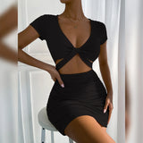 GETADME 2025 Summer V Neck Hollow Out Cross Bodycon Dresses Women's Solid Backless Ruched Sexy Mini Dress Y2k Party Club Elegant Dresses