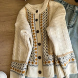 GETADME 빈티지 자카드 니트 가디건 여성 루즈 캐주얼 레이지 윈드 프린트 버튼 풀오버 한국식 긴팔 배기 에스테틱 아웃웨어 