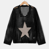 GETADME 여성용 가벼운 크로셰 니트 탑 - 캐주얼 V넥, 긴팔 중공 니트, 골든 스타 비치 커버업, S에 완벽