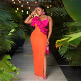 GETADME 2025 New Fashion Orange Color Women Sleeveless Sexy V-Neck Ruffles Bodycon Mid-calf Bandage Dress Birthday Celebrate Party Dress