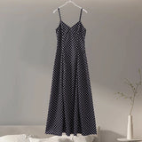 GETADME Retro Polk Dot Long Dress With Ribbon Women Sexy Low Cut Sleeveless Pleated Slim Evening Dresses Female Spring Chic Street Party