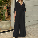 GETADME Elegant Deep V Neck Fashion Women Jumpsuit Bat Sleeves High Waist Wide-leg Loose Commuting Party Club Romper 2025