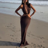 GETADME Sexy Halter Deep V Neck Sleeveless Women Maxi Hollow Out Backless Dresses Summer Elegant Holiday Party Maxi Slim Fit Robes
