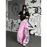 GETADME YIBASHU Women Pink Baggy Wide Leg Sweatpants American Letter Print Pants Harajuku Japanese 2000s Style Vintage Y2k Stripe Trouse
