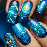 GETADME 24pcs/set medium long fake nails fashion butterfly feather forest sea wave design gradient blue purple green press on false nail