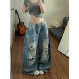 GETADME YIBASHU Women Blue Vintage Washed Ripped Jeans High Waist Denim Long Pants Harajuku Hiphop Grunge Baggy Wide Leg Denim Trousers