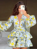 GETADME Fashion Print Ruffles Dress For Women V-neck Flare Sleeve Ball Gown Zipper Mini Dresses 2025 Summer Lady Elegant Party Vestidos