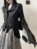 Getadme-Y2k Blouse Women Vintage Black Shirt Gothic Harjauku Pleated Button Up Korean Dark Tight Long Sleeve Aesthetic Female