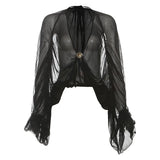 GETADME SylCue Mesh See Through T-Shirts Woman Lace-Up Metal Decoration Low-Neck Batwing Sleeve Hot Girls Street Fashion Wild Style Tops