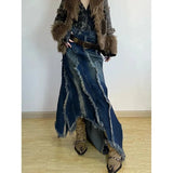 GETADME Women Blue Denim Half Body Skirt Tassels Bottoms High Waist Casual Korean Mid Length Skirt Baggy Vintage Female Long Skirt