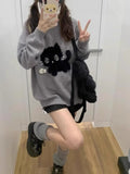 GETADME Gray Cute Cat O-neck Knit Elegant Pullover Woman 2025 Winter Design Harajuku Tops Feamale Y2k Long Sleeve Retro Sweaters Mujer