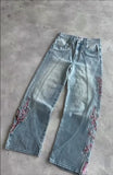 GETADME Men Women Cherry Blossom Knight All Embroidery Denim Pants Y2k Vintage Baggy Street Straight Jeans High Waisted Washed Blue Jean