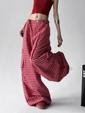 GETADME Summer Wide Leg Pants Women Red Plaid Loose Casual Streetwear Lace Up Trouser Vintage Lazy Wind Sports Straight Sweatpants New