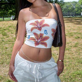 Getadme Summer Women's Wrap Chest Crop Tops Y2K Floral Print Strapless Bandeau Tube Off Shoulder Backless Tank Tops