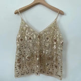 GETADME Women's Hot Sweet Sequin Bead Crop Tops Sexy Sling Slim Fit Short V-neck Straight Tank Top Korean Fashion Y2k Clothing
