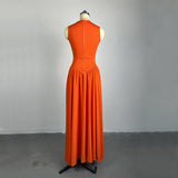 GETADME Women O Neck Summer Sleevelss Cut Out Low Waist Elegant Holiday Party Pleated A Line Sundress Chic Elastic Femme Maxi Robe