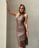 GETADME 유럽 및 미국 스타일 패셔너블 PU 가죽 솔리드 컬러 스플라이싱 슬리브리스 스탠드 칼라 슬림 핏 스플릿 힙 드레스