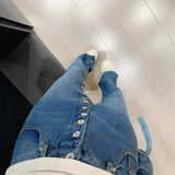 GETADME American high street breasted design straight jeans women's autumn and winter new high waist design fashion loose slim pants.