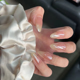 GETADME 24Pcs Metallic Cat Eye French Sheer Manicure Tip Art Textured 3D Acrylic False Nails Nude Pink Almond Medium Press on Fake Nails