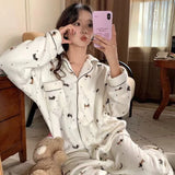 GETADME Autumn Winter New Pajamas Lapel Neck Long Sleeve Colourful Dot Print Warm Sleepwear Thick Casual Pajamas Coral Fleece Two-Piece