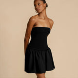 GETADME 섹시한 블랙 여성 드레스 새로운 여름 섹시한 스트랩리스 우아한 A라인 드레스 패션 패치워크 캐주얼 슬림 레이디 니트 미니 드레스