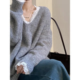 GETADME Lace Trim Warm Sweater for Women V Neck Long Sleeve Winter Loose Soft Top Knit Sweater