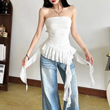 GETADME 2025 Summer Women's Fashion Off Shoulder Slim Fit Tassel Ruffle Strapless Solid Color All-match Tank Top Streetwear Sexy Vests