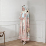 GETADME 가을 여성용 롱 코트, 레트로 프린트 긴팔 무슬림 아바야 사우디 패션 주름 허리 벨트