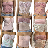 Getadme-Coquette Cute Pink Bandeau Tube Tops Fairycore Y2K Floral Lace Trim Strapless Crop Tops 90s Vintage Backless Camis