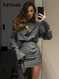 GETADME Striped Shirts Mini Skirt Sets Women Lapel Button Flare Sleeve Blouses Short Ruched Hip Package Skirts 2025 Spring Lady Outfits