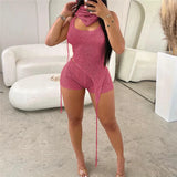 GETADME 반짝이는 스팽글 크로셰 후드 홀터 크롭 탑 &amp; 스키니 반바지 3피스 세트, 섹시 백리스 힙스터 레이브 Y2K 매칭 의상