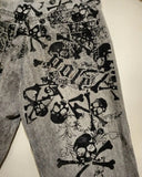 New American Harajuku retro skull print straight high waist Y2K women's washed grey jeans Streetwear Gothic wide trousers