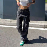 Getadme Women Loose Wide Leg Straight Jeans Vintage Streetwear Ladies Mid Waist Button Splicing Denim Pants Comfortable Casual Trousers