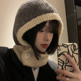 Getadme 일본 레트로 발라클라바 모자 여성 스카프 겨울 모자 및 목 방한 따뜻한 니트 모자 여성 패션 색상 매칭 여성용 모자