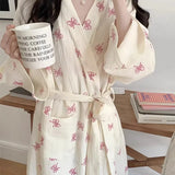 GETADME New Pajamas Women's Spring and Fall Korean Simple and Comfortable Robe Pink Bow Casual Loose Homewear Nightgowns Women's Clothin