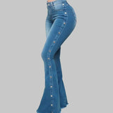 GETADME Jeans High Waist Strecth Denim Flare Pants Women Vintage Trousers Buttons Denims Streetwear 2025 Autumn Female Floor Length