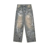 GETADME New Graffiti Printed Baggy Jeans For Men Y2K Vintage Distressed Blue Harajuku Denim Pants High Street Straight-leg Jean Trousers