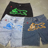 GETADME Summer original color washed flying dog print denim shorts beach trend loose fashion couple quarter pants straight casual pants